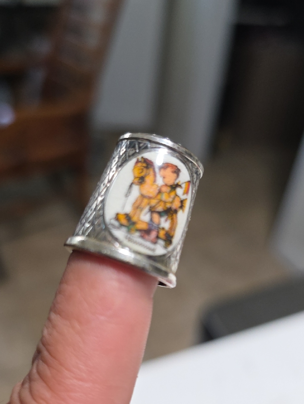 Silver Plated Vintage Thimble with Colorful Figurine Inlay